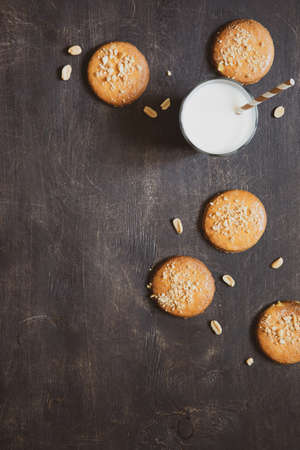 homemade shortbread cookies with peanuts on a wooden background. peanut cookie. flat lay, place for text, food background.の写真素材