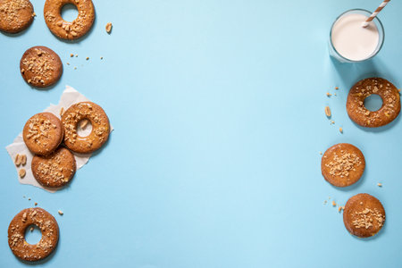 homemade shortbread cookies with peanuts on a trendy blue background. peanut cookie. flat lay, place for text, food background.の写真素材