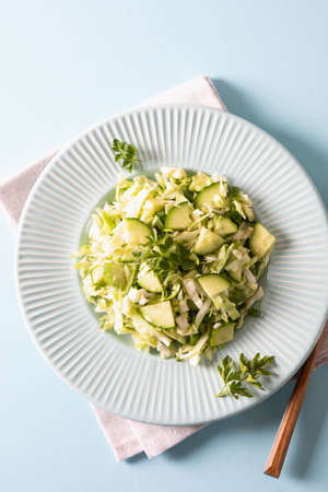 Healthy salad. Detox Spring vegan salad with cabbage, cucumber, green onion and parsleyの写真素材