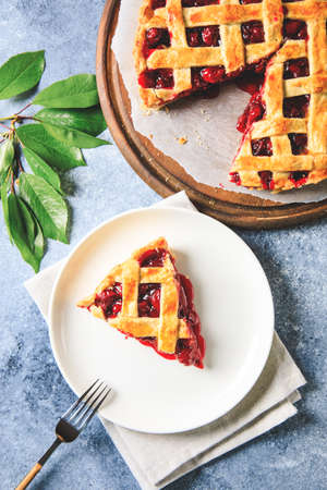 Tasty homemade American cherry pie. Delicious Homemade Cherry Pie with a Flaky Crustの写真素材