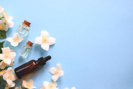 Tender jasmine flowers and oil. Small bottle with cosmetic (cleansing) aroma oil and white jasmine flowers. Natural skin care, homemade spa and beauty treatment recipe. Copy spaceの写真素材