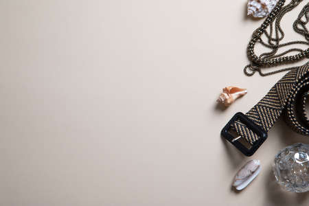 Beauty blog background. Beautiful background with neutral colors. Flat lay, top view.の写真素材