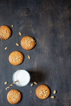 homemade shortbread cookies with peanuts on a wooden background. peanut cookie. flat lay, place for text, food background.の写真素材
