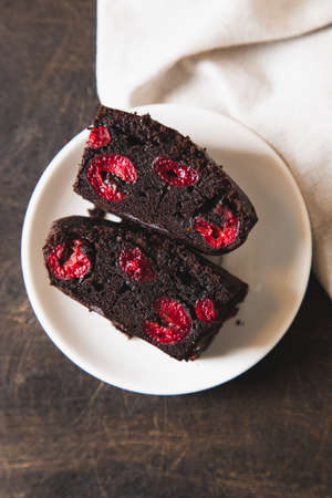 brownie with cherry. A stack of chocolate brownies, homemade bakery and dessert. Bakery, confectionery conceptの写真素材