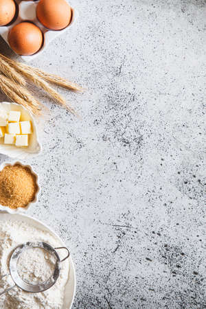 Baking or cooking background frame. Ingredients, kitchen items for baking cakes. Kitchen utensils,...