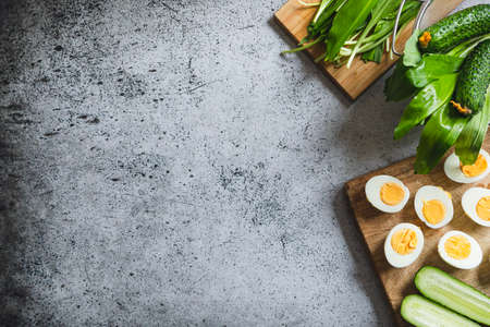 Ingredients for a healthy salad - leeks, boiled eggs, cucumber. concept of healthy eating and keto...
