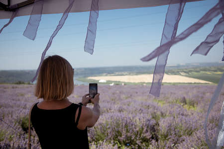 young woman takes a picture of a lavender field on her phone.の写真素材