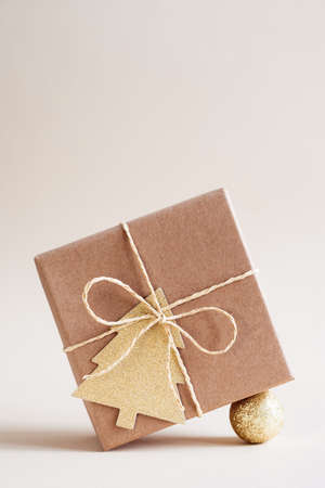 Christmas and zero waste, eco friendly packaging gifts in kraft paper. Christmas New Year Celebration Decorations Conceptの写真素材