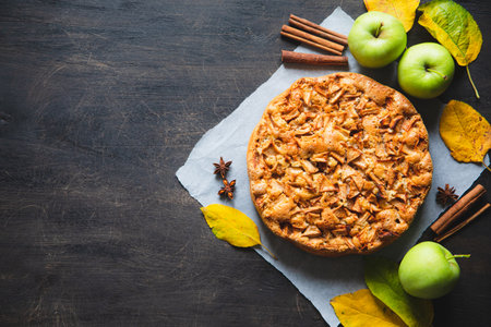 Apple pie with cinnamon. Charlotte, a sweet dessert made from apples baked in dough.の写真素材