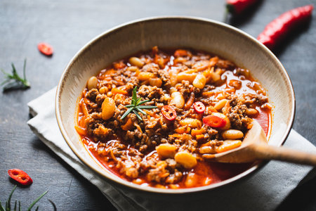 Chili Con Carne in bowl on dark background. mexican cuisine. chili con carne - minced meat and vegetables stew in tomato sauce. top viewの写真素材