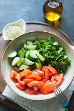 fresh salad with arugula, baked zucchini and tuna. the concept of healthy and nutritious food.の写真素材