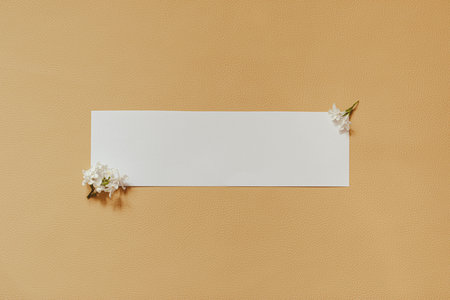 lilac flowers with white card. Creative congratulations layout from lilac on white papper. spring flower concept. Flat lay, top view, copy space.の写真素材