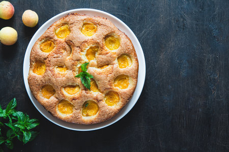 cake with apricots. Homemade delicious apricot cake with fresh apricots.の写真素材