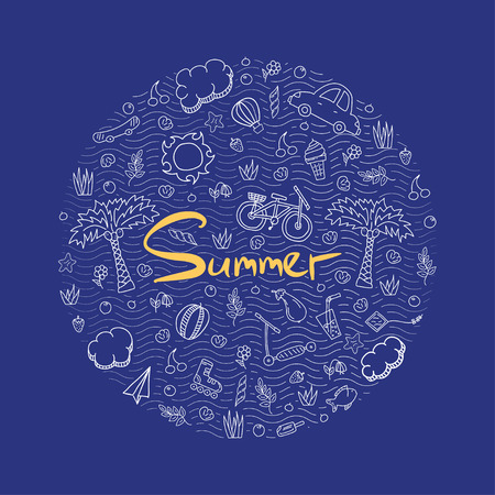 Illustration of a summer holiday in bright colors. Vector doodle illustration. Suitable for printing on clothing and souvenirsのイラスト素材