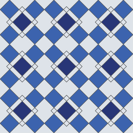 Harlequin geometric seamless patterns. Grey grid pattern with blue rhomboids. Vector background in retro abstract styleのイラスト素材