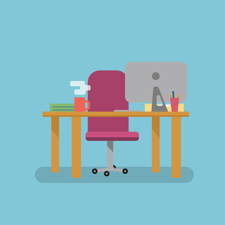 Workplace flat vector style. Chair, table and computer. Ready background for the animation. Place for characterのイラスト素材