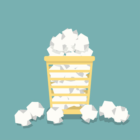 Flat basket for papers in vector. Full office urn. Crumpled documents, papers.のイラスト素材