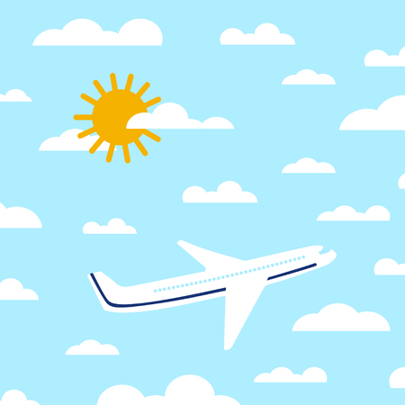 Flat airplane illustration. View of a flying aircraft in sky. Passenger plane on a background of clouds and a bright skyのイラスト素材