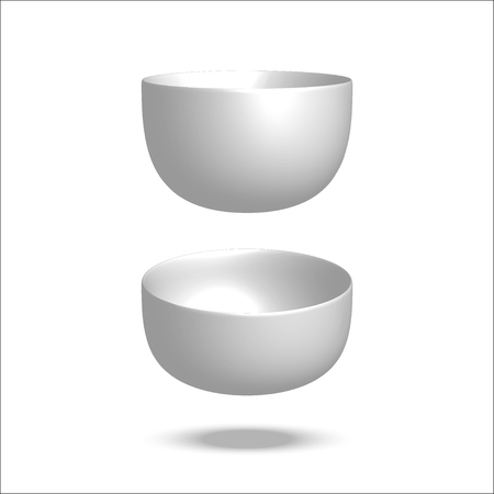 Realistic vector illustration plate. Empty bowl. Isolated on white background. View from above. Set of empty white plates and bowls. Kitchen utensils. 3d mock upのイラスト素材