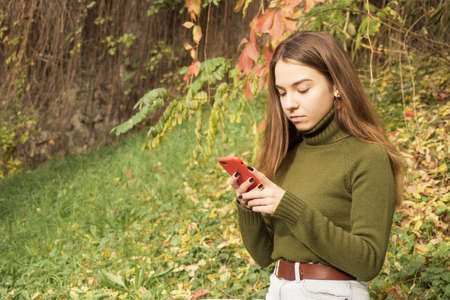 Young girl in the autumn park looks at the phoneの写真素材