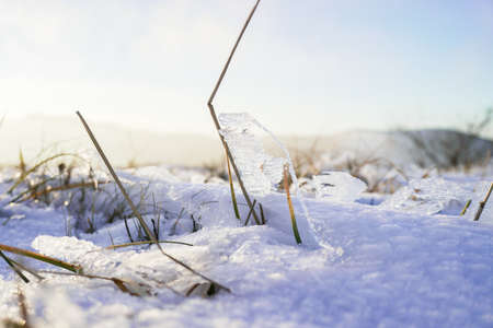 Some frozen water and pieces of ice in the middle of the mountains during winter