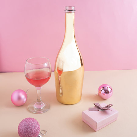 Creative arrangement against pastel orange and pink background. Christmas decoration, champagne bottle, a glass and a gift box. Retro aesthetic. New year party composition.の写真素材