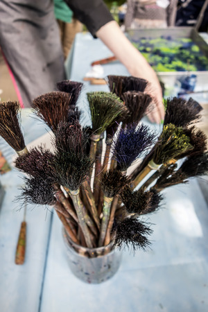 Set of brushes used in the technique of painting on the water Ebru. Traditional ebru brushes made from horsehair.の写真素材