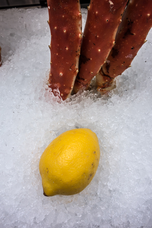 Crab with lemon and lime. Seafood in ice backgroundの写真素材