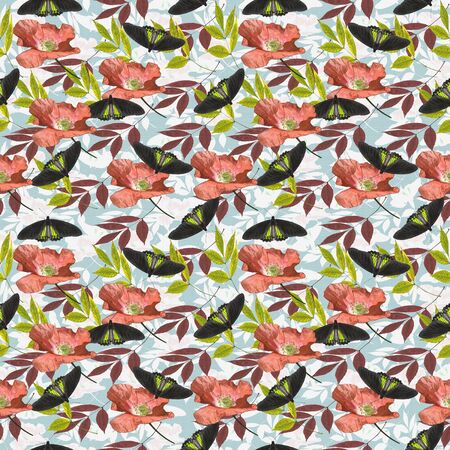 Colorful seamless pattern of nature consisting of bright butterflies, flowers and leavesの写真素材