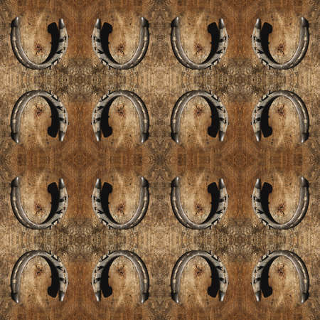Vintage horse shoe with metal nails on a wooden tree stump textured seamless pattern.の写真素材