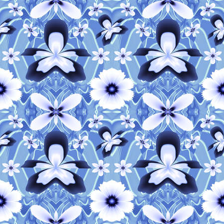 Blue orchid floral light seamless pattern. Beautiful blue-white design from fractal colors on a grunge background. Can be used to make tiles, ceramics, textiles, wallpaper and room decorationの写真素材