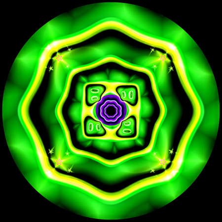 Abstract geometric fractal 3d pattern of green button with concentric circles and stars around the edges isolated on black background,の写真素材