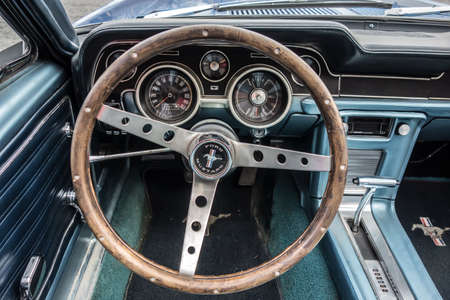 Dashboard vintage car, 1968 Ford Mustang 289 Convertible. The interior dashboard and steering wheel...