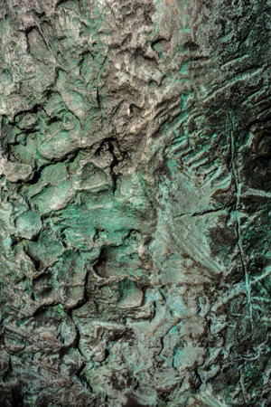 Grunge weathered bronze background with a natural green oxidised patina finish.
