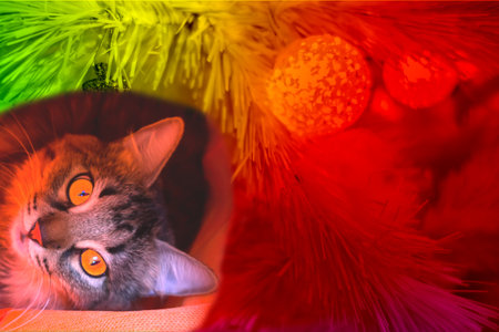 New Year's Christmas border of fir branches and Christmas decorations on a bright luminous red and yellow background. Christmas tree with cute cat Copy space.の写真素材