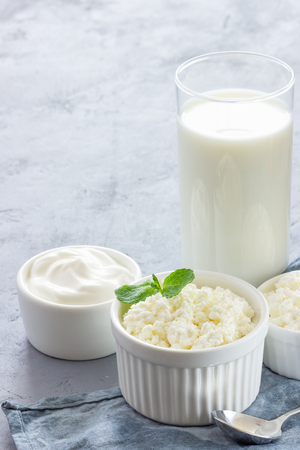 Organic cottage cheese in bowl, sour cream and milk on blue napkin. Gray background.の写真素材