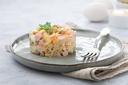 Russian salad Olivier with mayonnaise served in culinary ring on plate. Light background.の写真素材