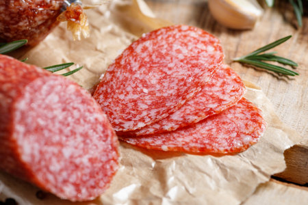 Salami sausage - a type of hard cured sausage made from fermented and dried meatの写真素材