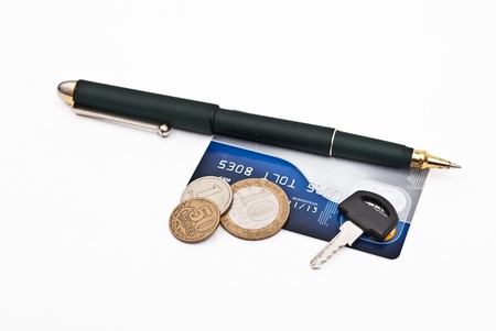 Handle, key, plastic card and coins on white background close-upの写真素材