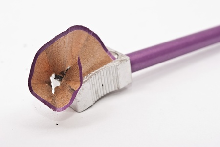 Pencil sharpener and pencil on white backgroundの写真素材