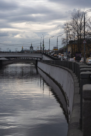 View of the Yauza River in Moscow, Russia.の写真素材