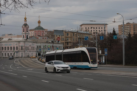 Tram on the street of Moscow. Russiaの写真素材
