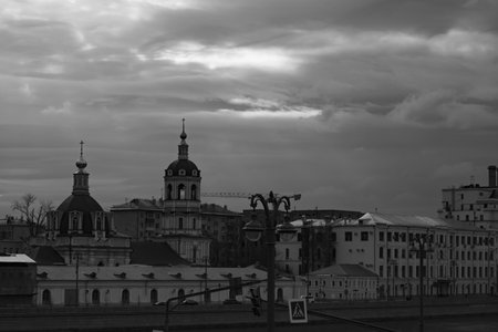 View of the city of Moscow, Russia. black and white photo.の写真素材