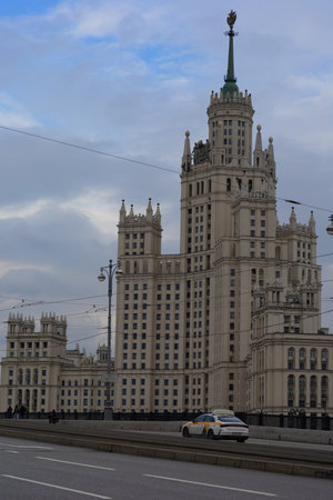 View from the bridge to the high-rise building on Kotelnicheskaya embankmentの写真素材