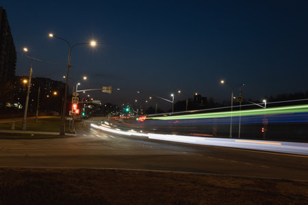 car light trails on the street at night in city. long exposureの写真素材