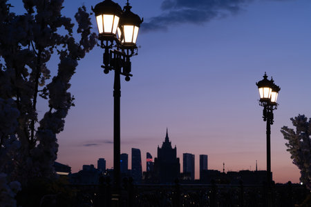 Silhouette of a street lamp against the background of the cityの写真素材