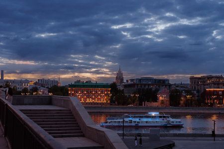 Cityscape of Moscow at sunset. View of the embankmentの写真素材