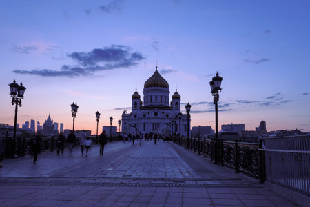 Cathedral of Christ the Savior at sunset, Moscow, Russiaの写真素材