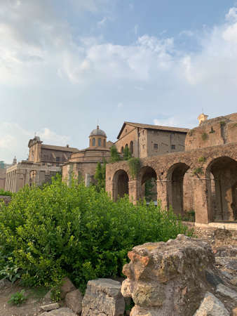 View of ancient ruin of Tempio di Romolo and part of Basilica di Massenzio in the Roman Forum, Rome, Italyのeditorial素材