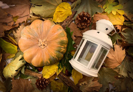 Top view of white lantern and orange pumpkin on autumn leaves, pine cones and wooden sticks backgroundの写真素材